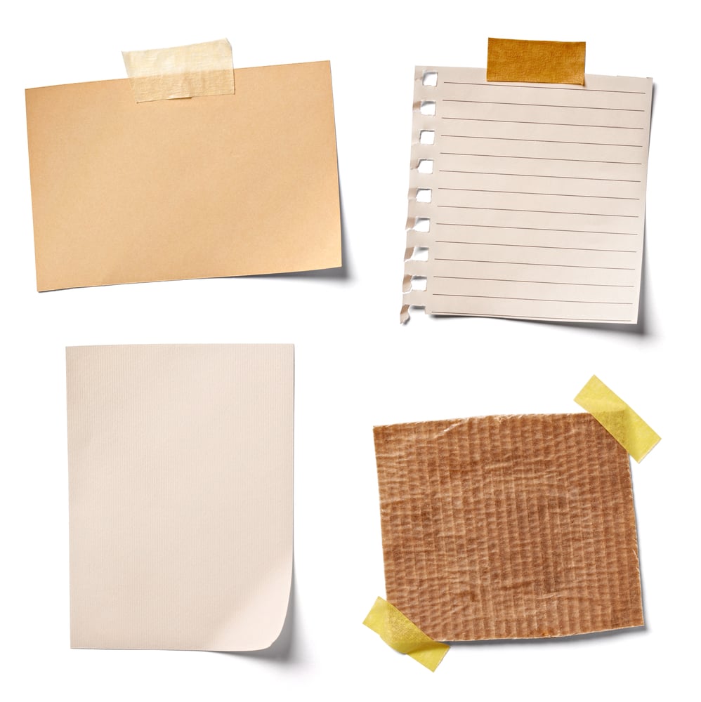 collection of  various vintage note papers on white background. each one is shot separately